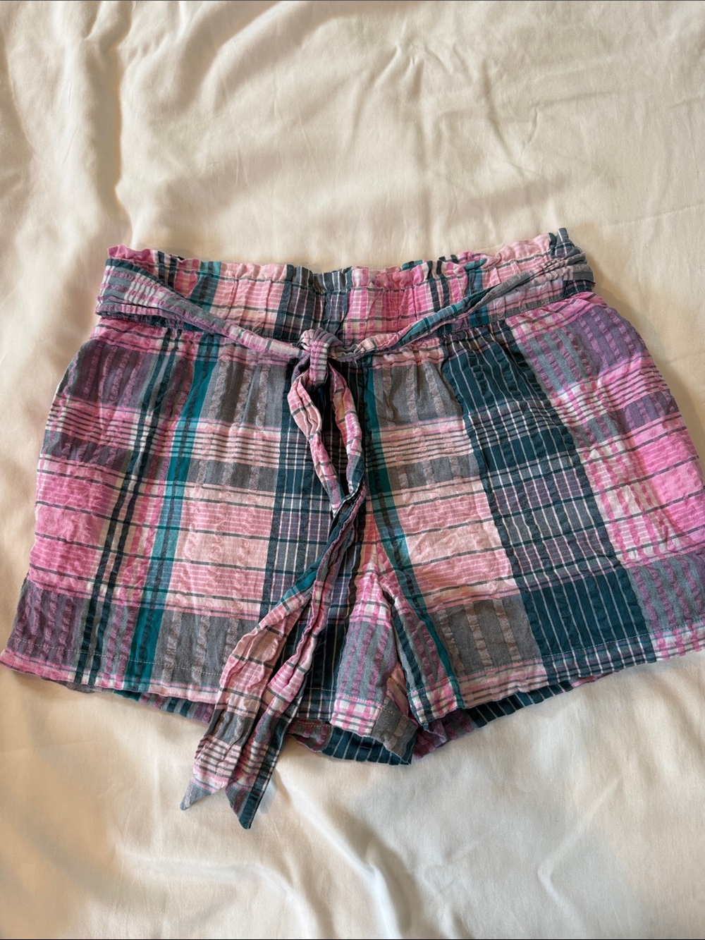 Vineyard Vines Pink and Teal Plaid High Waist Tie Shorts